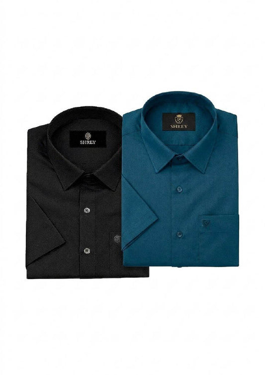 Men’s Solid Cotton Satin Half Sleeve Shirts Combo Pack of 2 – Casual & Office Wear Black & Teak Blue (Single Pocket)