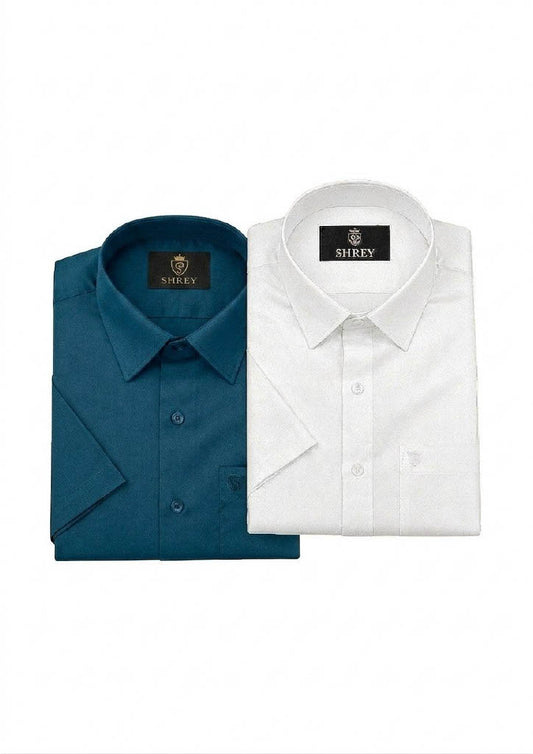 Men’s Solid Cotton Satin Half Sleeve Shirts Combo Pack of 2 – Casual & Office Wear White & Teal Blue (Single Pocket)