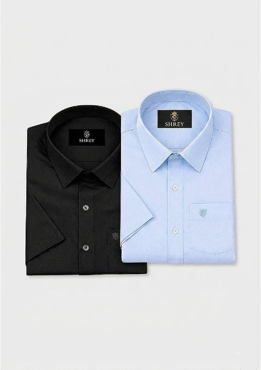 Men’s Solid Cotton Satin Half Sleeve Shirts Combo Pack of 2 – Casual & Office Wear Black & Sky Blue (Single Pocket)