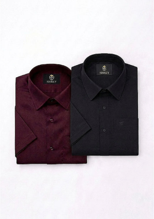 Men’s Solid Cotton Satin Half Sleeve Shirts Combo Pack of 2 – Casual & Office Wear Black & Wine (Single Pocket)