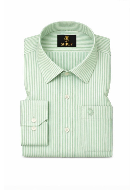 Men's Cotton Stripe Single Pocket Shirt-Light Green, Regular Fit, All-Day Comfort