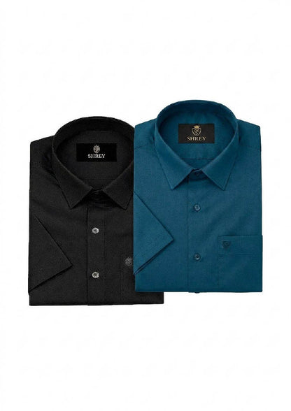 Men’s Solid Cotton Satin Half Sleeve Shirts Combo Pack of 2 – Casual & Office Wear Black & Teak Blue (Single Pocket)