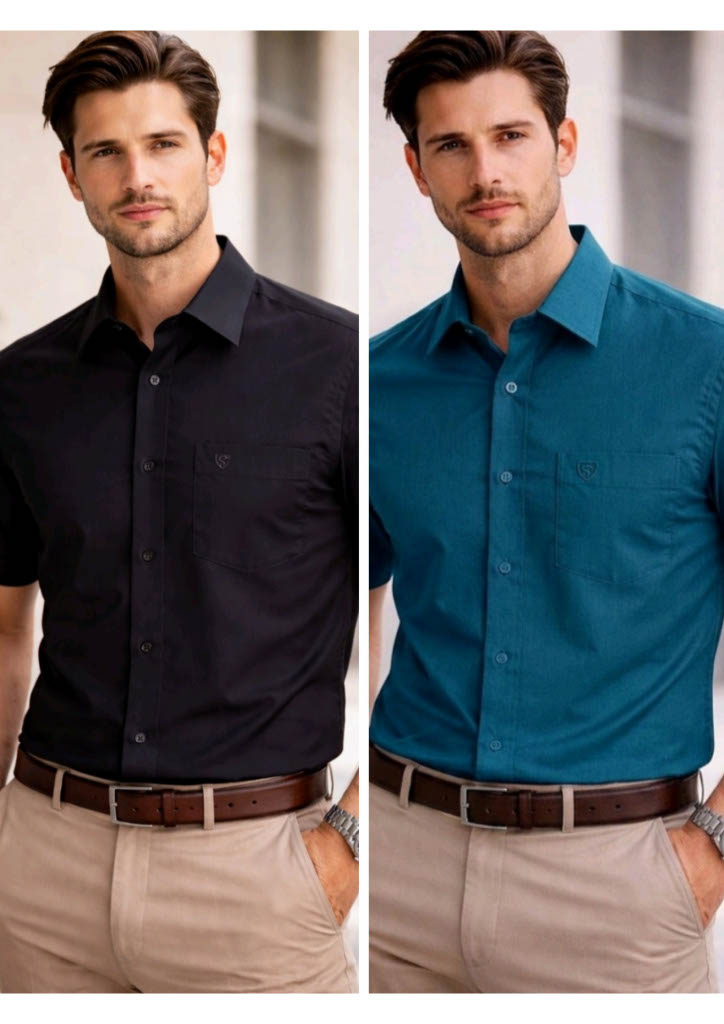 Men’s Solid Cotton Satin Half Sleeve Shirts Combo Pack of 2 – Casual & Office Wear Black & Teak Blue (Single Pocket)