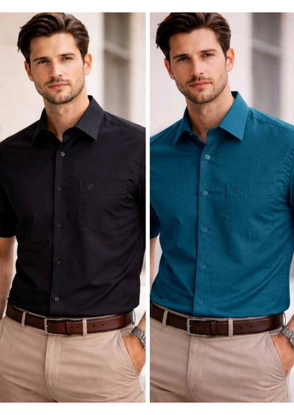 Men’s Solid Cotton Satin Half Sleeve Shirts Combo Pack of 2 – Casual & Office Wear Black & Teak Blue (Single Pocket)