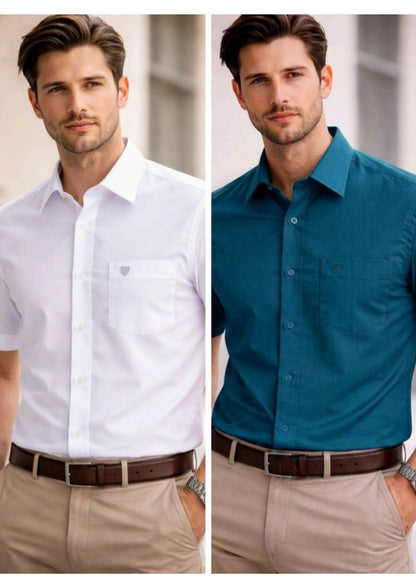 Men’s Solid Cotton Satin Half Sleeve Shirts Combo Pack of 2 – Casual & Office Wear White & Teal Blue (Single Pocket)
