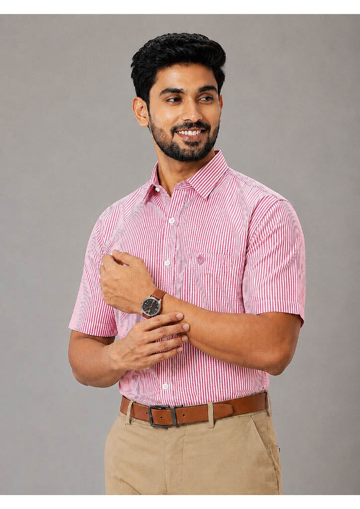 Men's Premium Cotton Striped Half Sleeve Formal Shirt – Regular Fit | Pocket Style | Soft & Breathable Fabric
