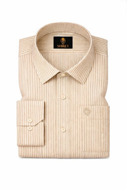 Men's Cotton Stripe Single Pocket Shirt-Beige, Regular Fit, All-Day Comfort