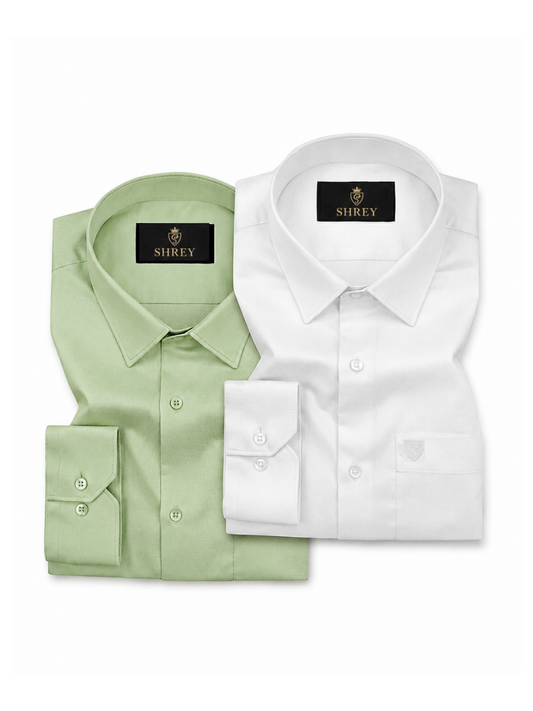 COMBO OF 2 PREMIUM COTTON FORMAL SHIRT, WHITE & PISTA GREEN (SINGLE POCKET)