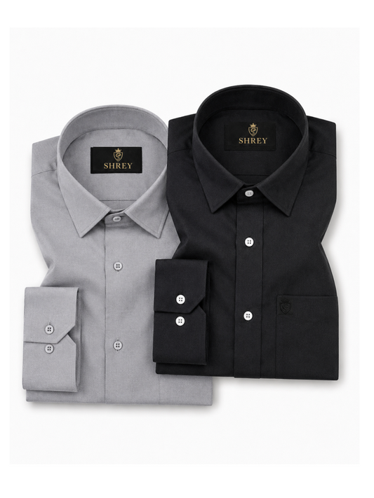 COMBO OF 2 PREMIUM COTTON FORMAL SHIRT, BLACK & LIGHT GREY (SINGLE POCKET)
