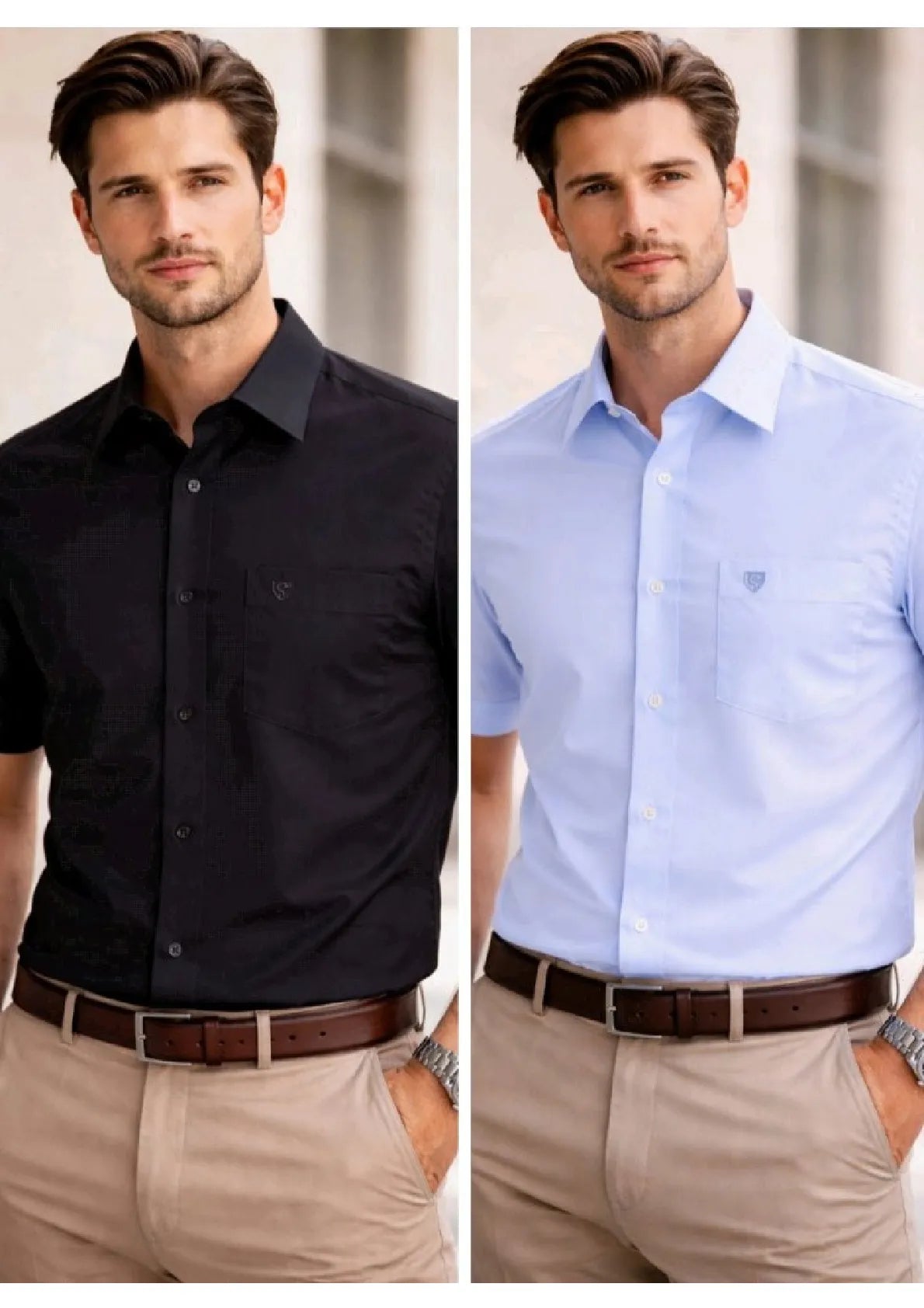 Men’s Solid Cotton Satin Half Sleeve Shirts Combo Pack of 2 – Casual & Office Wear Black & Sky Blue (Single Pocket)