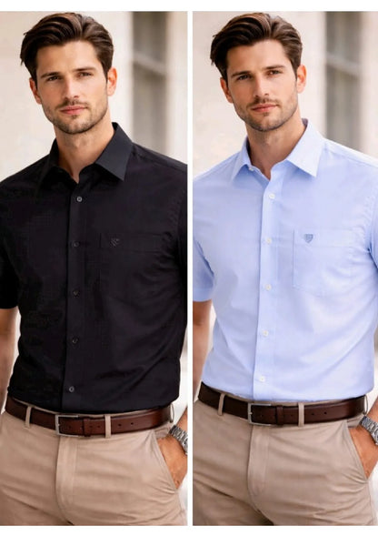 Men’s Solid Cotton Satin Half Sleeve Shirts Combo Pack of 2 – Casual & Office Wear Black & Sky Blue (Single Pocket)