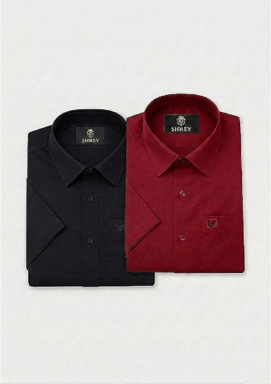 Men’s Solid Cotton Satin Half Sleeve Shirts Combo Pack of 2 – Casual & Office Wear Black & Maroon (Single Pocket)