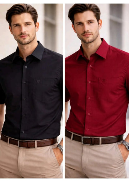 Men’s Solid Cotton Satin Half Sleeve Shirts Combo Pack of 2 – Casual & Office Wear Black & Maroon (Single Pocket)