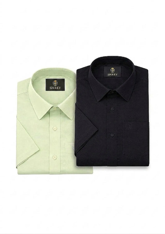 Men’s Solid Cotton Satin Half Sleeve Shirts Combo Pack of 2 – Casual & Office Wear Black & Pista Green (Single Pocket)