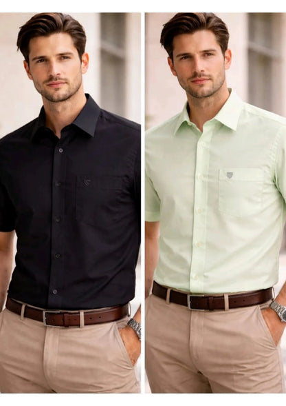 Men’s Solid Cotton Satin Half Sleeve Shirts Combo Pack of 2 – Casual & Office Wear Black & Pista Green (Single Pocket)
