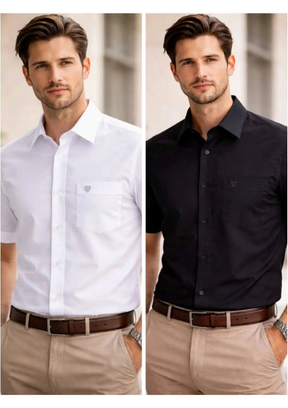 Men’s Solid Cotton Satin Half Sleeve Shirts Combo Pack of 2 – Casual & Office Wear White & Black (Single Pocket)