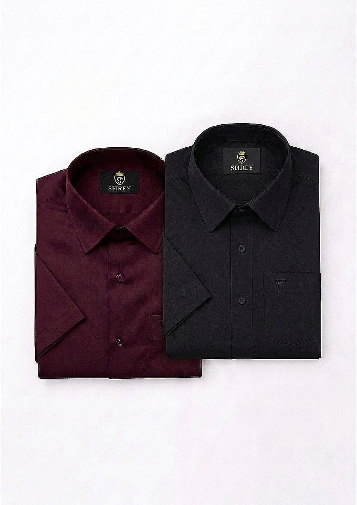 Men’s Solid Cotton Satin Half Sleeve Shirts Combo Pack of 2 – Casual & Office Wear Black & Wine (Single Pocket)