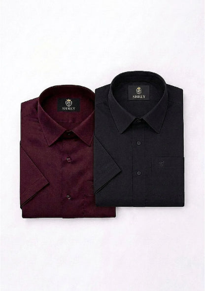Men’s Solid Cotton Satin Half Sleeve Shirts Combo Pack of 2 – Casual & Office Wear Black & Wine (Single Pocket)