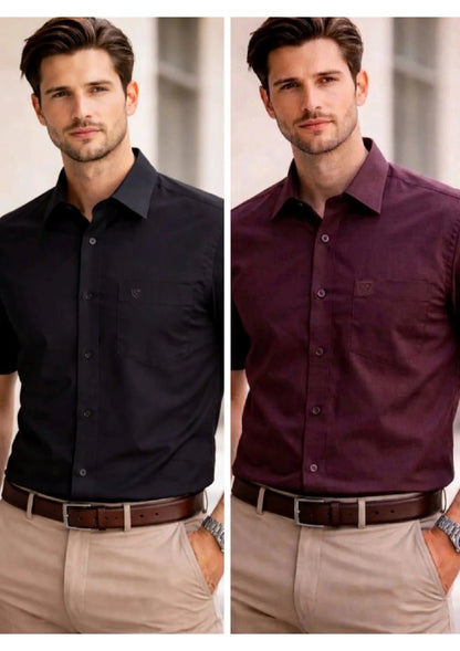 Men’s Solid Cotton Satin Half Sleeve Shirts Combo Pack of 2 – Casual & Office Wear Black & Wine (Single Pocket)