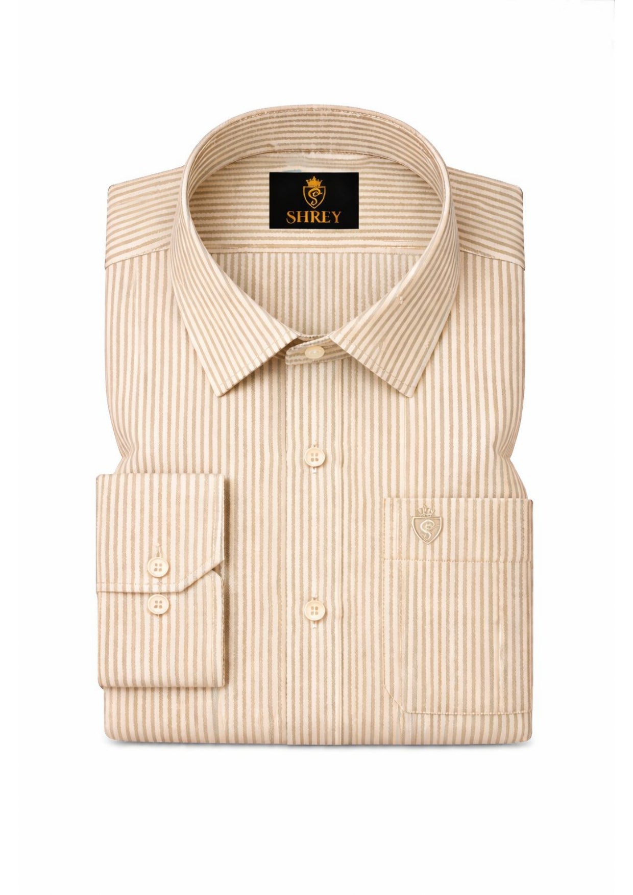 Men's Cotton Stripe Single Pocket Shirt-Beige, Regular Fit, All-Day Comfort