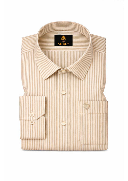 Men's Cotton Stripe Single Pocket Shirt-Beige, Regular Fit, All-Day Comfort