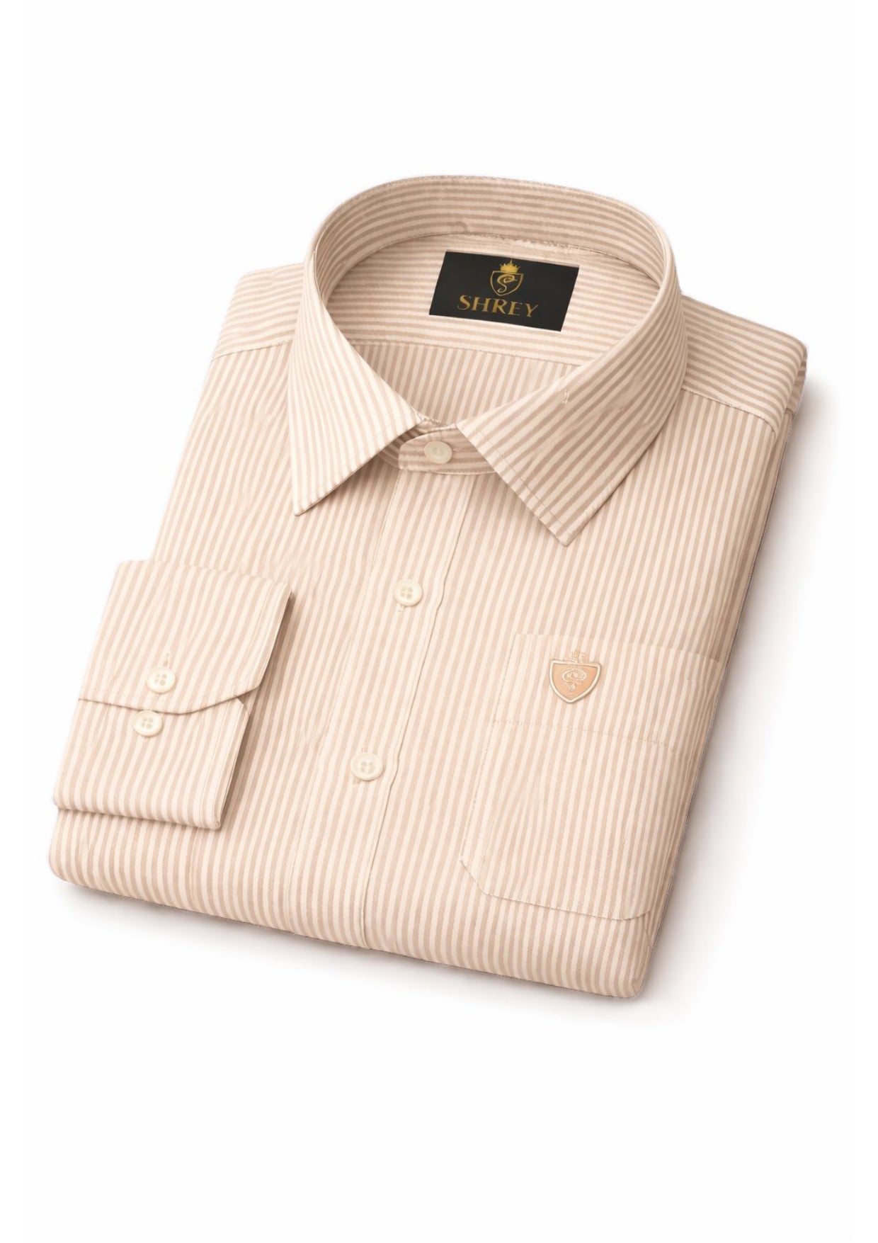 Men's Cotton Stripe Single Pocket Shirt-Beige, Regular Fit, All-Day Comfort