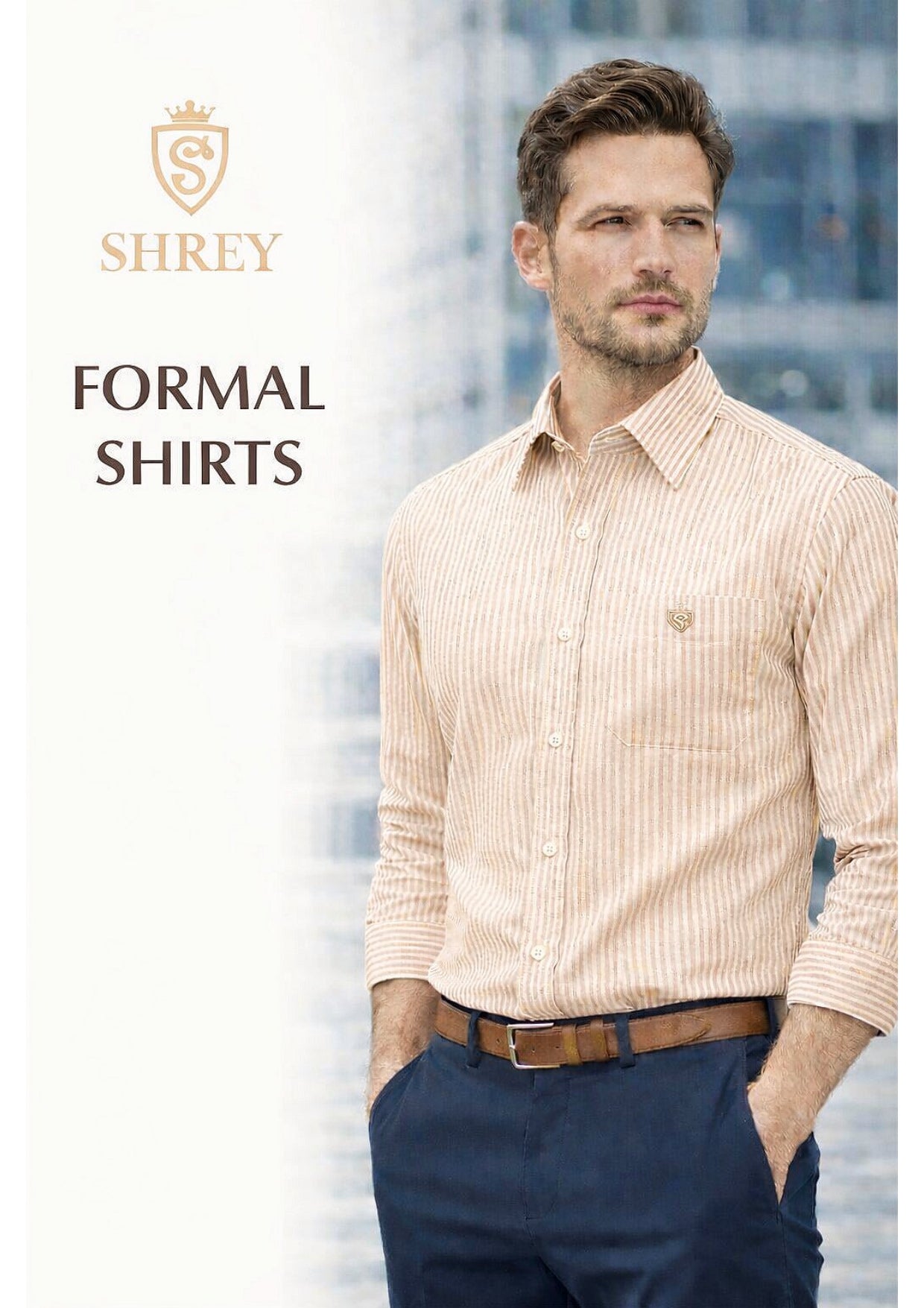Men's Cotton Stripe Single Pocket Shirt-Beige, Regular Fit, All-Day Comfort