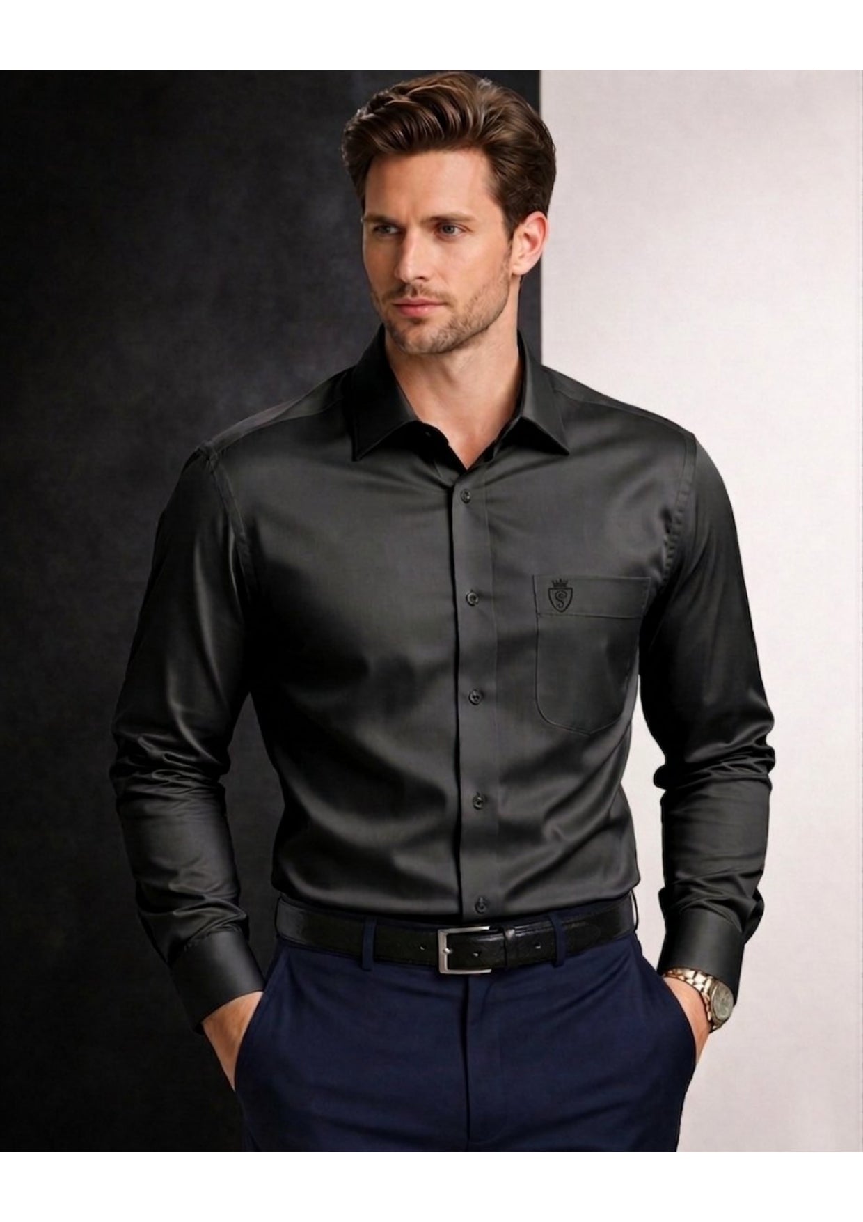 PREMIUM COTTON SATIN FORMAL SHIRT FOR MEN (Single Pocket)-BLACK
