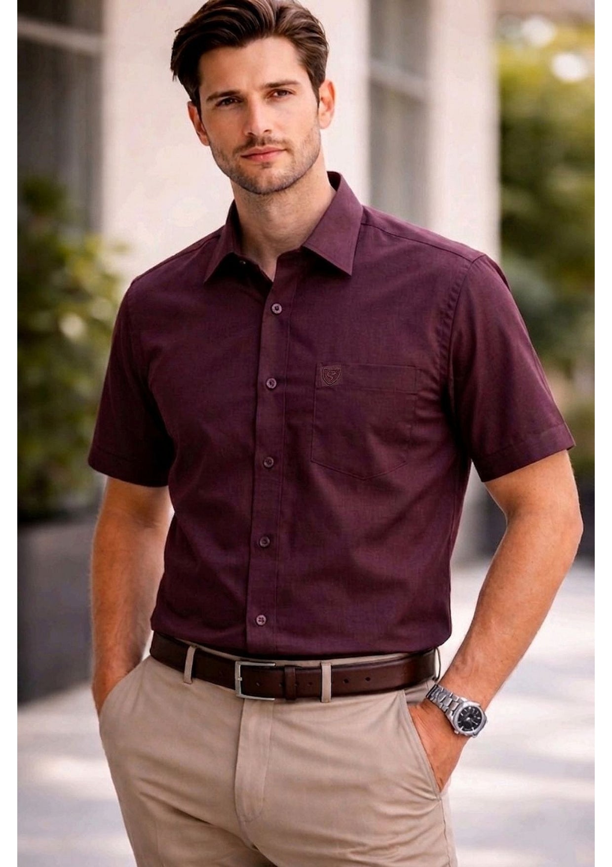 Premium Wine Cotton Satin Half Sleeve Formal Shirt | Office & Party Wear