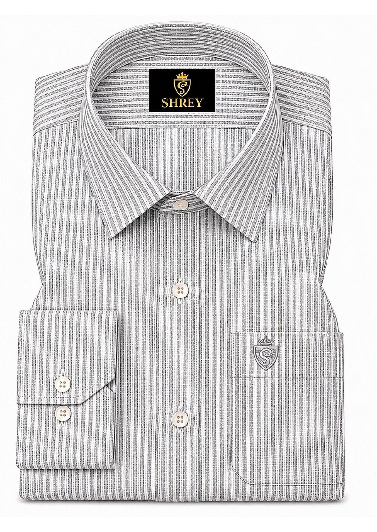 Men's Cotton Stripe Single Pocket Shirt-Light Grey, Regular Fit, All-Day Comfort