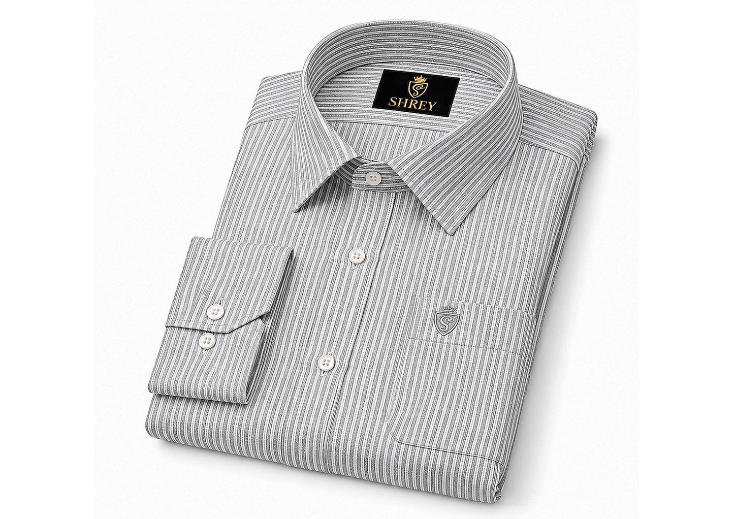 Men's Cotton Stripe Single Pocket Shirt-Light Grey, Regular Fit, All-Day Comfort