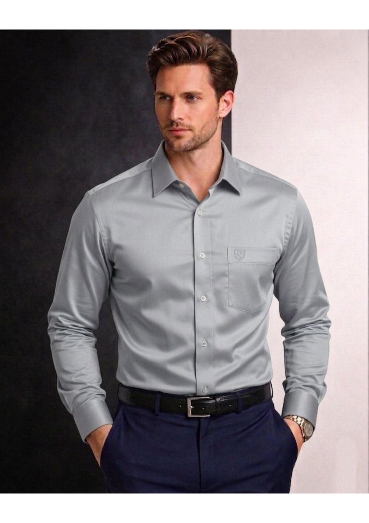 PREMIUM COTTON SATIN FORMAL SHIRT FOR MEN (Single Pocket)- LIGHT GREY