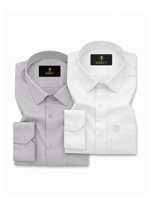 COMBO OF 2 PREMIUM COTTON FORMAL SHIRT, WHITE & LIGHT GREY (SINGLE POCKET)