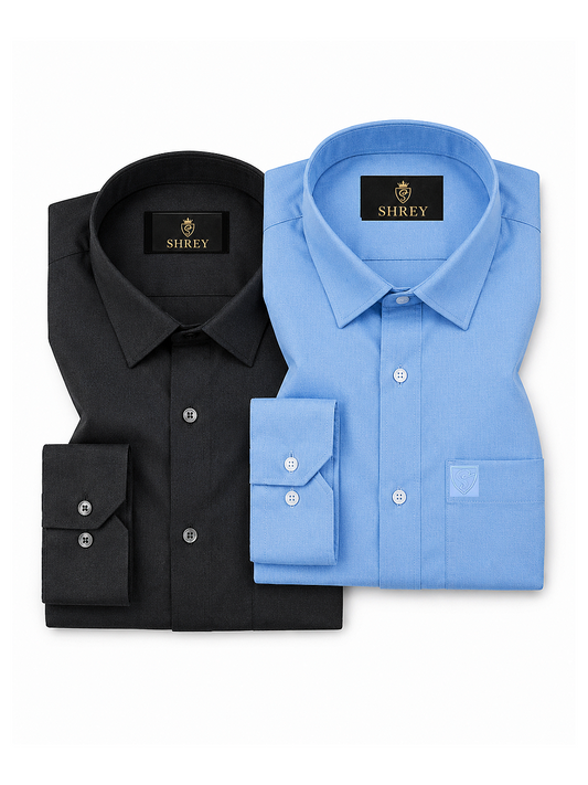 COMBO OF 2 PREMIUM COTTON FORMAL SHIRT, BLACK & SKY BLUE (SINGLE POCKET)