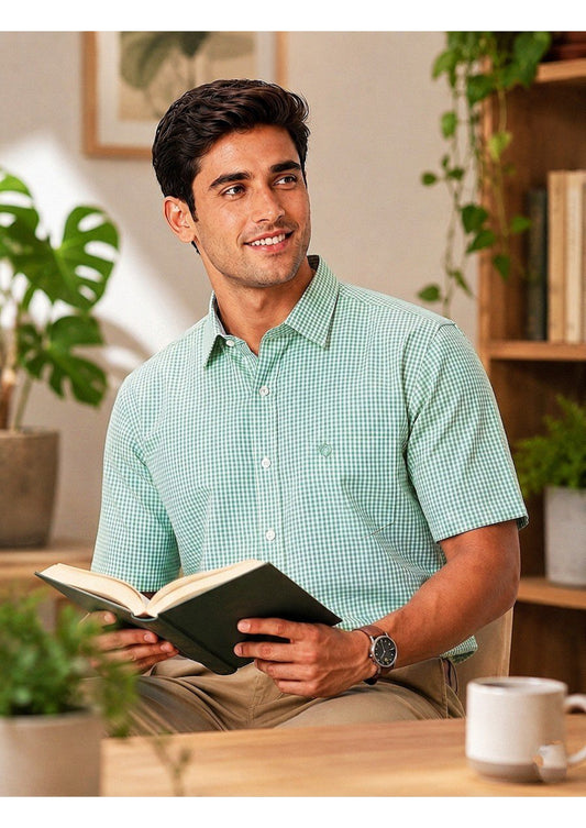 PREMIUM COTTON CHECK SHIRT FOR MEN - HALF SLEEVE | LIGHT GREEN