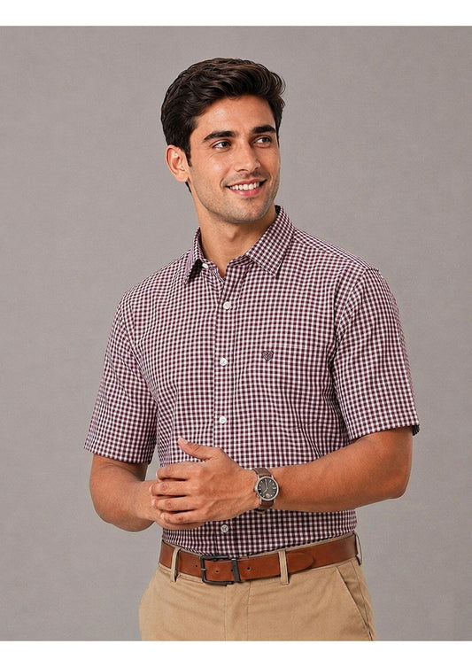 Men's Premium Cotton Mini Check Half Sleeve Formal & Casual Wear Shirt – Regular Fit | Pocket Style | Soft & Breathable Fabric