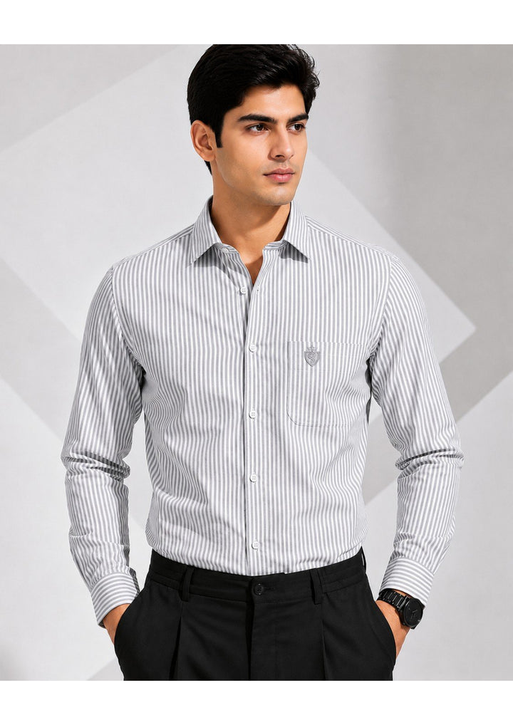 MEN'S PREMIUM COTTON FORMAL STRIPE SHIRT (SINGLE POCKET) - LIGHT GREY