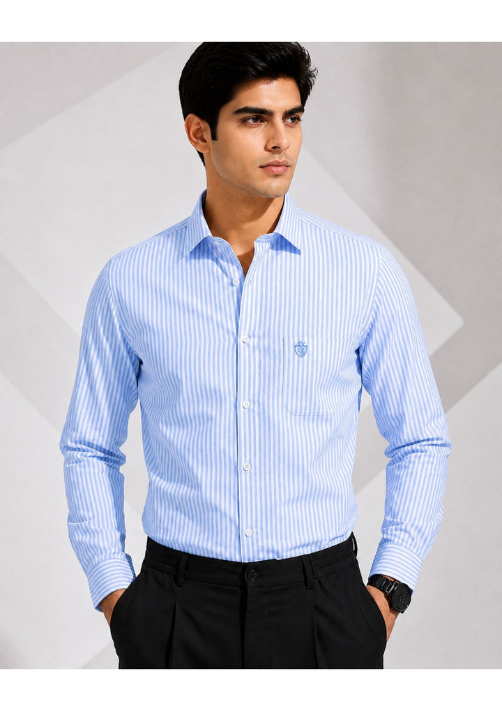 MEN'S PREMIUM COTTON FORMAL STRIPE SHIRT (SINGLE POCKET)-SKY