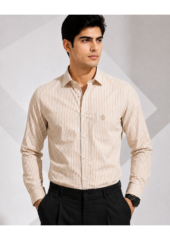 MEN'S PREMIUM COTTON FORMAL STRIPE SHIRT (SINGLE POCKET)-BEIGE