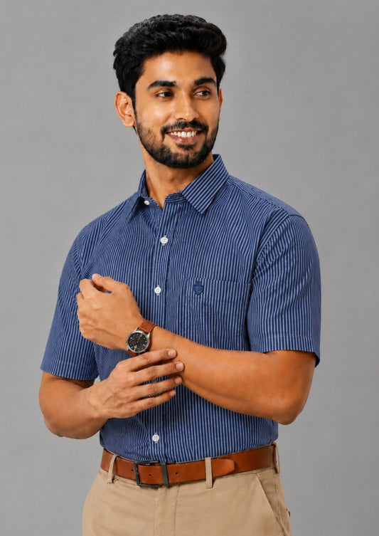 Men's Premium Cotton Striped Half Sleeve Formal Shirt – Regular Fit | Pocket Style | Soft & Breathable Fabric