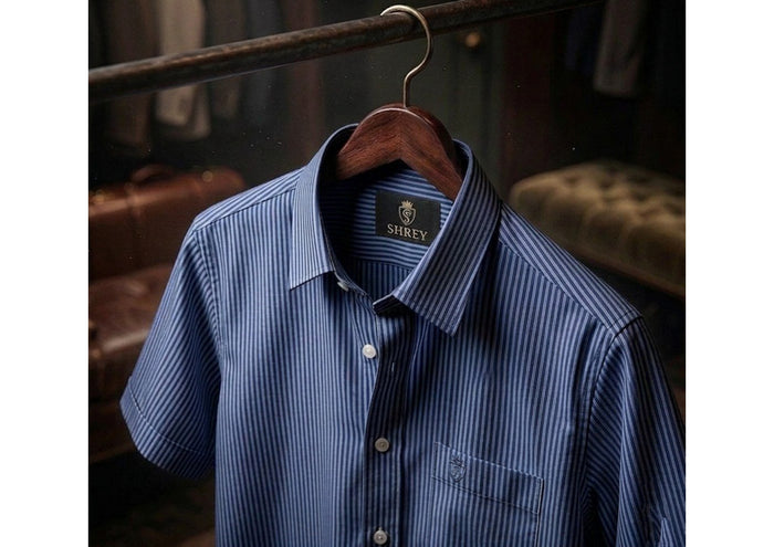 MEN'S PREMIUM OXFORD COTTON STRIPED HALF SLEEVE SHIRT - LIGHT BLUE
