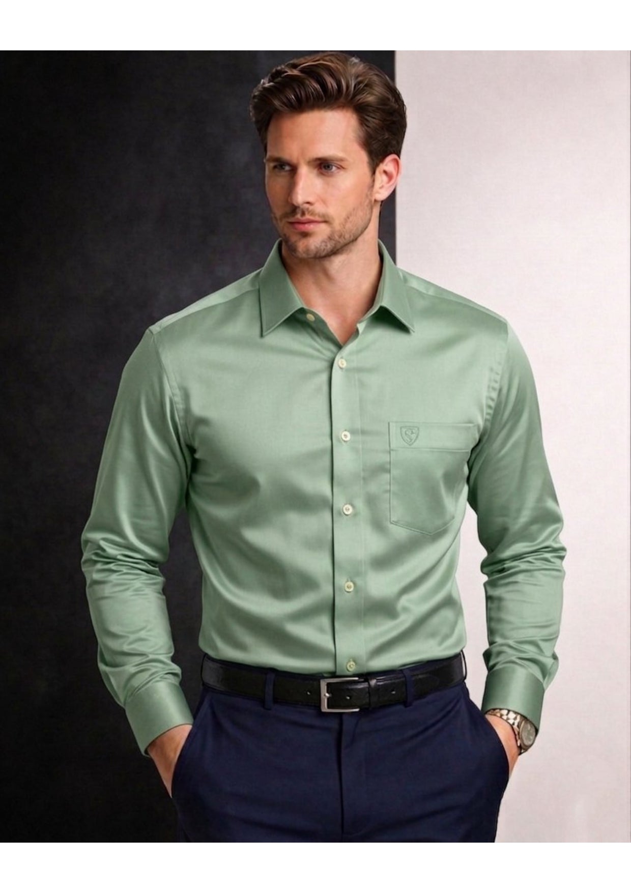 PREMIUM COTTON SATIN FORMAL SHIRT FOR MEN (Single Pocket)- PISTA GREEN