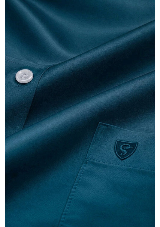 MEN'S PREMIUM COTTON SATIN FORMAL HALF SLEEVE SINGLE POCKET SHIRT - TEAL BLUE