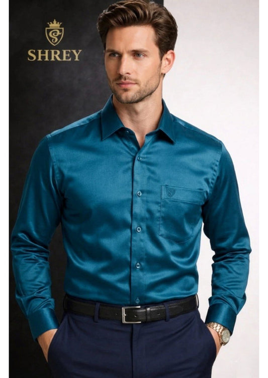 PREMIUM COTTON SATIN FORMAL SHIRT FOR MEN (Single Pocket)- TEAL BLUE