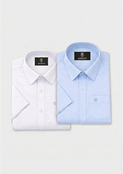 Men’s Solid Cotton Satin Half Sleeve Shirts Combo Pack of 2 – Casual & Office Wear White & Sky Blue (Single Pocket)