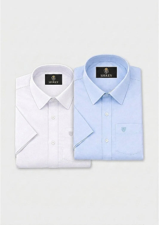 Men’s Solid Cotton Satin Half Sleeve Shirts Combo Pack of 2 – Casual & Office Wear White & Sky Blue (Single Pocket)