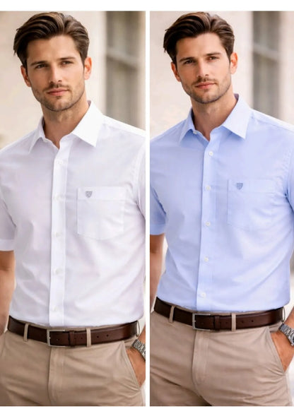 Men’s Solid Cotton Satin Half Sleeve Shirts Combo Pack of 2 – Casual & Office Wear White & Sky Blue (Single Pocket)