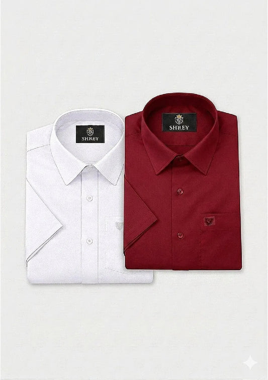 Men’s Solid Cotton Satin Half Sleeve Shirts Combo Pack of 2 – Casual & Office Wear White & Maroon (Single Pocket)