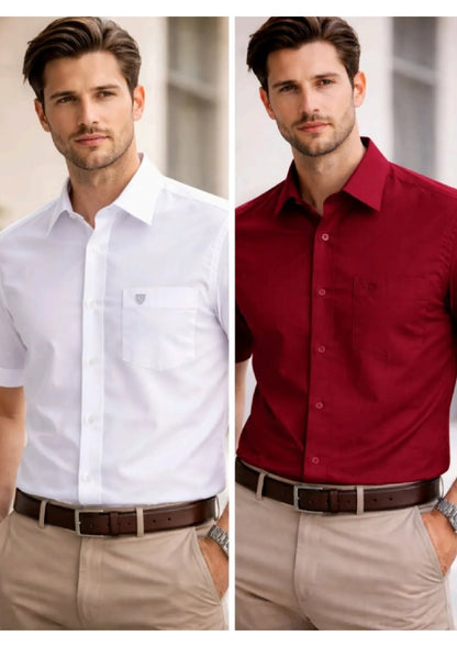 Men’s Solid Cotton Satin Half Sleeve Shirts Combo Pack of 2 – Casual & Office Wear White & Maroon (Single Pocket)