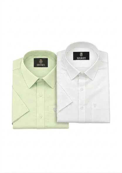 Men’s Solid Cotton Satin Half Sleeve Shirts Combo Pack of 2 – Casual & Office Wear White & Pista Green (Single Pocket)